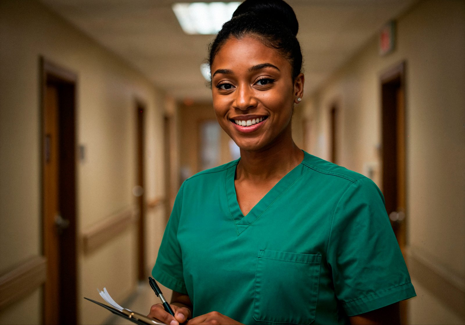 l infirmiere souriante dans le couloir de l hopital l infirmiere souriante dans le couloir de l hopital